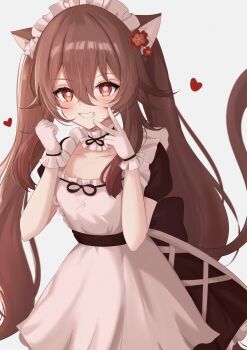 1girl alternate_costume animal_ears apron blush brown_dress brown_hair cat_ears cat_girl cat_tail dress flower-shaped_pupils frilled_apron frills genshin_impact gloves hair_between_eyes highres hu_tao_(genshin_impact) komor_yuki long_hair looking_at_viewer maid maid_apron maid_headdress red_eyes smile solo symbol-shaped_pupils tail teeth unconventional_maid very_long_hair white_apron white_gloves
