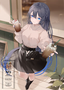 Rule 34 | 1girl, bag, black boots, black hair, black nails, black skirt, blue eyes, blue hair, blurry, blurry background, boots, braid, breasts, brown shirt, closed mouth, commentary request, cup, depth of field, disposable cup, drinking straw, gradient hair, handbag, highres, holding, holding cup, long hair, long sleeves, looking at viewer, medium breasts, multicolored hair, nail polish, original, puffy long sleeves, puffy sleeves, shirt, shoulder bag, skirt, smile, solo, standing, very long hair, watermark, wooden floor, yuuki kira