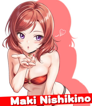 1girl absurdres bikini black_choker blowing_kiss blush breasts character_name choker heart highres large_breasts looking_at_viewer love_live! love_live!_school_idol_project menchi_(pixiv) nishikino_maki o-ring o-ring_bikini open_mouth purple_eyes red_bikini red_hair red_nails short_hair swimsuit