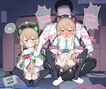 1boy 2girls anal animal_ear_headphones animal_ears anus bar_censor black_hair black_pants black_thighhighs blonde_hair blue_archive blue_necktie blush bow censored cleft_of_venus clenched_teeth collared_shirt controller cum cum_in_ass cum_overflow cumdrip ejaculating_while_penetrated ejaculation fake_animal_ears fingering fingering_from_behind game_controller green_bow green_eyes green_halo halo headphones heart hetero highres holding holding_controller holding_game_controller korean_text lakilolom loli long_sleeves looking_at_viewer midori_(blue_archive) momoi_(blue_archive) multiple_girls multitasking necktie open_mouth pants penis pink_halo pussy red_bow red_eyes sensei_(blue_archive) sex shirt short_hair siblings sisters spread_legs teeth thighhighs translation_request trembling twins white_shirt