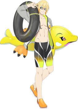 Rule 34 | 1girl, artist request, black swim trunks, blonde hair, blue eyes, collarbone, eizen (summer swimwear) (tales), eizen (tales), full body, game cg, goggles, grey jacket, highres, holding, innertube, jacket, looking at viewer, official alternate costume, official art, short hair, solo, swim goggles, swim ring, tales of (series), tales of asteria, tales of berseria, third-party source, transparent background