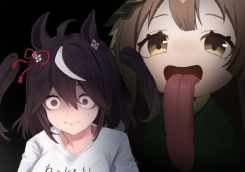 2girls animal_ears black_background brown_eyes dim_lighting dress freaky_satono_diamond_(meme) from_behind green_dress hair_ornament hair_ribbon highres horse_ears horse_girl kitasan_black_(umamusume) meme multiple_girls ribbon satono_diamond_(umamusume) shirt surprised toa510 tongue tongue_out twintails umamusume white_shirt yellow_eyes
