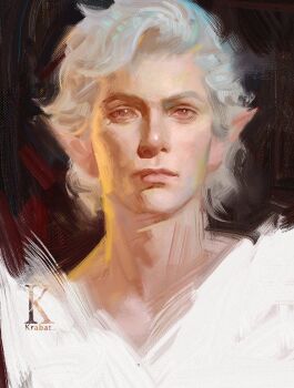 Rule 34 | 1boy, astarion, baldur's gate, baldur's gate 3, brown background, closed mouth, commentary, dungeons & dragons, dungeons &amp; dragons, english commentary, faux traditional media, krabat, lips, looking at viewer, male focus, painterly, pointy ears, portrait, realistic, red eyes, shirt, short hair, signature, white hair, white shirt