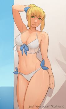 Rule 34 | 1girl, artoria pendragon (fate), bikini, blonde hair, fate/stay night, fate (series), green eyes, kalruna, swimsuit, white bikini