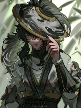 1boy black_hair chinese_clothes closed_mouth grey_eyes grey_hat grey_shirt hand_on_headwear hand_up hat highres long_hair long_sleeves looking_at_viewer male_focus qiuyuan_(wuthering_waves) shirt solo upper_body vyeranika wuthering_waves