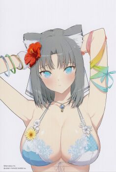 1girl absurdres animal_ears arm_ribbon armpits arms_behind_head arms_up bikini blue_bikini blue_eyes blush bow breasts cat_ears cat_girl cleavage flower front-tie_bikini_top front-tie_top grey_hair hair_bow hair_flower hair_ornament highres jewelry large_breasts looking_at_viewer magazine_scan necklace non-web_source official_alternate_costume official_art ribbon scan senran_kagura senran_kagura_new_link shirt solo striped_bow swimsuit translation_request upper_body white_bow yaegashi_nan yumi_(senran_kagura)