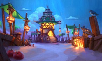 absurdres apple basket bird box cloud commentary english_commentary food fruit glowing highres house lantern light_rays night no_humans original painterly robertogatto sand scenery seagull stairs