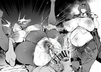 1boy 1girl bar_censor big_belly breasts censored eyewear_on_head female_pubic_hair highres honkai:_star_rail honkai_(series) huge_breasts kafka_(honkai:_star_rail) lactation large_areolae large_nipples male_pubic_hair monochrome multiple_views nipples penis pregnant pubic_hair puffy_nipples thick_thighs thighs thirty_8ght