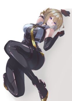 1girl ankle_boots arm_strap arm_up asymmetrical_gloves bare_shoulders black_boots black_choker black_gloves black_pants black_shirt blonde_hair blush boots braid braided_bun breasts chest_harness choker closed_mouth collared_shirt commentary elbow_gloves evelyn_chevalier foot_out_of_frame gloves grey_background hair_between_eyes hair_bun hair_in_own_mouth hair_ornament hand_up harness highres katou_shin'ya_(gingin_power) knee_up large_breasts lying multicolored_gloves necktie on_back pants pendant_choker purple_eyes red_gloves shirt short_hair single_hair_bun sleeveless sleeveless_shirt smile solo tassel thigh_strap tight_clothes tight_pants two-tone_background two-tone_gloves two-tone_shirt uneven_gloves white_background white_shirt yellow_necktie zenless_zone_zero