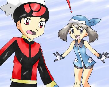 1boy 1girl absurdres amayzing2002 bandana bike_shorts black_hair blue_bandana blue_dress blue_shirt brendan_(pokemon) brown_hair dress fang gloves hat highres may_(pokemon) nintendo open_mouth pokemon pokemon_adventures red_eyes shirt short_hair