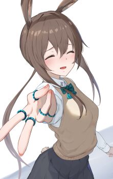 18_yen_coin 1girl :d ^_^ amiya_(arknights) animal_ear_fluff animal_ears arknights black_skirt blue_bow bow breasts brown_hair closed_eyes collared_shirt commentary english_commentary facing_viewer gyaru_v hair_between_eyes highres jewelry long_hair long_sleeves low_ponytail mixed-language_commentary nail_polish open_mouth pink_nails pleated_skirt ponytail puffy_long_sleeves puffy_sleeves rabbit_ears rabbit_girl rabbit_tail ring shirt skirt small_breasts smile solo sweater_vest tail v very_long_hair white_shirt