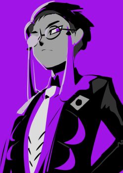 1boy closed_mouth collared_shirt commentary_request corbeau_(pokemon) frown glasses jacket lapels long_sleeves looking_to_the_side male_focus mira_(akamiiimira) necktie nintendo open_clothes open_jacket parted_hair pokemon pokemon_legends:_z-a purple_background purple_eyes purple_theme round_eyewear shirt short_hair simple_background solo tassel white_necktie wing_collar