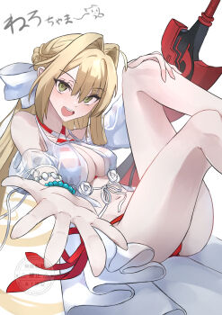 1girl absurdres aestus_estus ahoge bare_shoulders bead_bracelet beads bikini blonde_hair blush bracelet braid breasts cleavage commentary_request criss-cross_halter dress fate/grand_order fate_(series) gown green_eyes hair_bun hair_intakes hair_ribbon halterneck highres jewelry large_breasts long_hair long_sleeves looking_at_viewer navel nero_claudius_(fate) nero_claudius_(swimsuit_caster)_(fate) nero_claudius_(swimsuit_caster)_(third_ascension)_(fate) open_mouth outstretched_arm puffy_long_sleeves puffy_sleeves red_bikini ribbon sitting smile solo striped_bikini striped_clothes swimsuit sword thighs translation_request weapon white_ribbon yugusan5