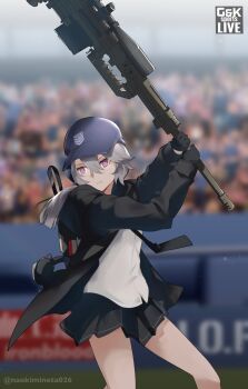 1girl backpack bag baseball black_gloves black_jacket black_necktie black_skirt blurry blurry_background bolt_action cheytac_m200 closed_mouth cowboy_shot girls'_frontline gloves grey_hair griffin_&amp;_kryuger_logo gun highres jacket long_hair m200_(girls'_frontline) mineta_naoki miniskirt muzzle_device necktie pleated_skirt purple_eyes rifle scope shirt skirt sniper_rifle twitter_username weapon white_shirt you're_doing_it_wrong
