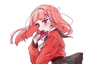 1girl black_sailor_collar black_skirt blunt_bangs blush box box_of_chocolates breasts chocolate cowboy_shot d-chan diagonal_bangs floating_hair gift hair_ornament hairclip high-waist_skirt highres holding holding_gift izuru@doto-lu large_breasts long_hair long_sleeves looking_at_viewer looking_back neckerchief original pink_hair pleated_skirt purple_eyes red_shirt sailor_collar school_uniform serafuku shirt simple_background skirt solo valentine white_background