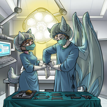 adjusting_clothes adjusting_gloves alexander_johnson doctor gloves ivy_the_wolfcat latex latex_gloves medical_scrubs monitor mouth_mask nurse operating_table shiky_the_bat surgeon surgical_cap surgical_light surgical_mask surgical_tools table