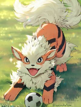 Rule 34 | afterimage, arcanine, artist name, ball, black eyes, blush, bright pupils, commentary request, day, fangs, gen 1 pokemon, grass, highres, kaminokefusa, lens flare, looking at viewer, nintendo, no humans, open mouth, outdoors, pokemon, pokemon (creature), smile, soccer ball, sparkle, standing, tail, tail wagging, white pupils
