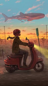 1girl black_hair blue_sky brown_jacket desert evening fantasy gloves gradient_sky grass grey_gloves grey_pants highres jacket landscape long_hair long_sleeves moped motor_vehicle mountainous_horizon open_mouth orange_sky original outdoors pants pasoputi ponytail power_lines road road_sign scenery sidelocks sign sky smile twilight whale