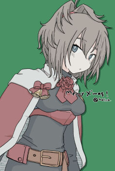 1girl blue_eyes breasts brown_hair capelet fur-trimmed_capelet fur_trim green_background halca_(technodrome) kantai_collection long_sleeves messy_hair official_alternate_costume red_capelet sheffield_(christmas)_(kancolle) sheffield_(kancolle) small_breasts