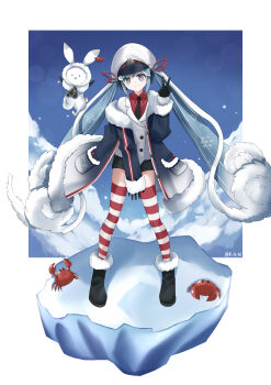 1girl 1other absurdres animal aqua_eyes aqua_hair arms_up binoculars black_coat black_gloves black_necktie black_shorts coat collared_shirt commentary_request crab fur-trimmed_coat fur-trimmed_sleeves fur_trim gloves gradient_hair hair_between_eyes hair_ornament hair_ribbon hat hatsune_miku highres iceberg jacket k.a.n light_blush long_hair long_sleeves looking_at_viewer multicolored_hair necktie official_alternate_costume official_alternate_hairstyle parted_lips peaked_cap rabbit rabbit_yukine red_ribbon red_shirt ribbon sailor_hat shirt short_shorts shorts striped_clothes striped_thighhighs thighhighs twintails v very_long_hair vocaloid white_hair white_jacket yuki_miku yuki_miku_(2022)