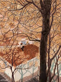 2girls barred_window baseball_cap black_pants blonde_hair day fence hat jiemoxia ladder layered_sleeves long_sleeves medium_hair multiple_girls on_ladder on_roof original outdoors pants pavement red_hat scenery shadow shoes short_over_long_sleeves short_sleeves sweater tile_roof tree water white_shoes white_sweater wide_shot window