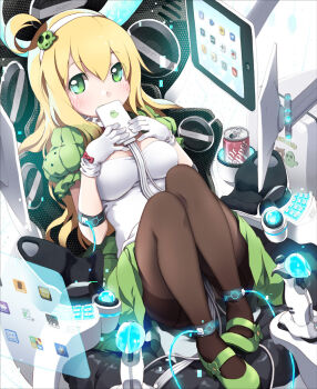 1girl ahoge apple_inc. black_pantyhose blonde_hair blush cellphone dr_pepper female_focus floating_screen gloves green_eyes highres ipad iphone len_(a-7) mascot pantyhose phone sabori saboten_store smartphone solo tablet_pc