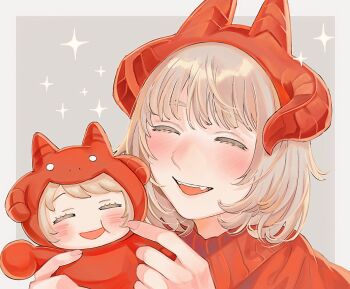 2girls alt_text blonde_hair blush cheek_poking chibi closed_eyes cosplay dragon_horns dual_persona dungeon_meshi facing_viewer fake_horns falin_touden falin_touden_(tallman) fangs grey_background hands_up highres holding holding_chibi horns kigurumi multiple_girls open_mouth poking portrait red_dragon_(dungeon_meshi) red_dragon_(dungeon_meshi)_(cosplay) red_horns red_sweater sasakura34 short_hair simple_background smile sparkle sweater teeth two-tone_background upper_teeth_only