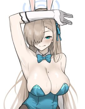 1girl animal_ears arm_above_head arm_up asuna_(blue_archive) asuna_(bunny)_(blue_archive) bare_shoulders blonde_hair blue_archive blue_bow blue_bowtie blue_eyes blue_leotard blush bow bowtie breasts collar detached_collar eyelashes fake_animal_ears female_focus gloves hair_over_one_eye large_breasts leotard long_hair looking_at_viewer makura_u9b mole mole_on_breast parted_lips rabbit_ears simple_background solo straight-on strapless strapless_leotard upper_body white_background white_collar white_gloves