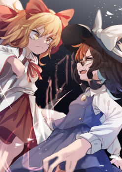 2girls absurdres black_hat blonde_hair bow brown_eyes brown_hair buttons closed_mouth collared_shirt dress fighting_stance frown glasses hair_between_eyes hair_ribbon hat hat_bow highres long_sleeves medium_hair multiple_girls muraryo open_mouth purple_shirt purple_skirt red_bow red_ribbon red_skirt ribbon satsuki_rin shirt shirt_ribbon short_hair skirt sleeve_cuffs star_(sky) teeth touhou upper_teeth_only usami_sumireko white_bow white_dress white_ribbon white_shirt yellow_eyes