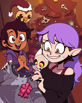 2girls amity_blight brown_eyes brown_hair christmas christmas_tree dark-skinned_female dark_skin discount-supervillain earrings hat highres hooty_(the_owl_house) jewelry king_clawthorne luz_noceda multiple_girls open_mouth pointy_ears purple_hair santa_hat skull smile the_owl_house toon_(style)