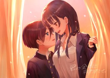 1boy 1girl absurdres black_hair blazer blue_jacket blush boku_no_kokoro_no_yabai_yatsu brown_eyes commentary_request curtains gakuran head_bump hetero highres ichikawa_kyoutarou jacket long_hair long_sleeves looking_at_another meiax mole mole_on_neck multiple_moles open_mouth ringed_eyes school_uniform short_hair sunset translation_request upper_body yamada_anna