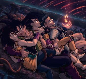 2boys 2girls armor bardock black_eyes black_hair commentary dated dragon_ball dragon_ball_minus dragonball_z earrings english_commentary gine hetero highres hoop_earrings husband_and_wife jewelry lying monkey_tail multiple_boys multiple_girls muscular muscular_male on_back pointing saiyan_armor seripa shooting_star short_hair shoulder_armor signature tail tail_around_another&#039;s_leg toma_(dragon_ball) v-shaped_eyebrows whirlydoodle