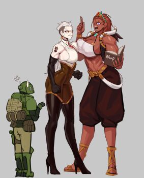 1boy 2girls anger_vein arguing armor astra_militarum backpack bag black_sleeves book boots clenched_teeth collared_shirt commentary dark-skinned_female dark_skin detached_sleeves english_commentary full_body genderswap genderswap_(mtf) grey_background height_difference helmet highres holding holding_book index_finger_raised magnus_the_red midriff military_combat_uniform military_uniform multiple_girls muscular muscular_female necktie open_mouth podobrick ponytail primarch red_necktie rogal_dorn shirt shoulder_tattoo sleeveless sleeveless_shirt sweatdrop tall_female tattoo teeth thigh_boots undercut warhammer_40k white_hair white_shirt