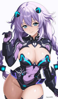 1girl artist_name black_thighhighs blue_eyes bodysuit braid breasts cleavage covered_navel highres ingridd88 legs looking_at_viewer neptune_(series) purple_eyes purple_hair purple_heart_(neptunia) simple_background smile solo thighhighs thighs twin_braids white_background
