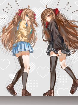 Rule 34 | 2girls, ahoge, asymmetrical legwear, bandaid, bandaid on knee, bandaid on leg, black cardigan, black skirt, black socks, black thighhighs, blue eyes, blue sailor collar, blue skirt, brown hair, brown shoes, cardigan, closed mouth, commentary, eananaia, evil neuro-sama, from behind, full body, hair between eyes, hair ribbon, highres, loafers, long hair, long sleeves, looking at viewer, looking back, miniskirt, multiple girls, neuro-sama, one eye closed, open mouth, pleated skirt, red eyes, red ribbon, ribbon, sailor collar, shoes, single sock, single thighhigh, skirt, socks, standing, thighhighs, tongue, tongue out, two side up, uneven legwear, vedal ai, virtual youtuber, yellow cardigan