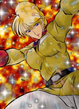 Rule 34 | 1girl, blonde hair, blue eyes, crowley hamon, female focus, gundam, military, military uniform, mobile suit gundam, solo