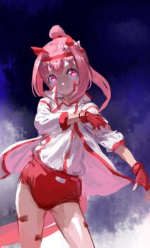 Rule 34 | 1girl, animal ears, bandaid, bandaid on leg, bow, buruma, closed mouth, ear bow, ear covers, fingerless gloves, flower-shaped pupils, flower in eye, gloves, haru urara (bestest prize) (umamusume), haru urara (umamusume), headband, highres, horse ears, horse girl, horse tail, inishie kumo, jacket, long hair, looking at viewer, pink buruma, pink eyes, pink hair, pink headband, ponytail, red buruma, red gloves, red headband, shirt, smile, solo, symbol-shaped pupils, symbol in eye, tail, umamusume, white jacket, white shirt