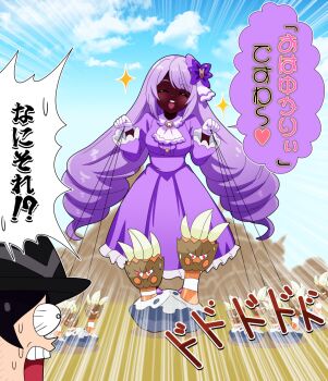 1boy 1girl :d absurdres binacle blush bulging_eyes closed_eyes cloud commentary_request dark-skinned_female dark_skin day dress gen_6_pokemon gloves hands_up highres hitokiwa_kenchin holding jacinthe_(pokemon) long_hair long_sleeves nintendo obocchama-kun open_mouth outdoors paxton_(pokemon) pokemon pokemon_(creature) pokemon_legends:_z-a purple_dress purple_hair sky smile sparkle speech_bubble teeth translation_request twintails upper_teeth_only