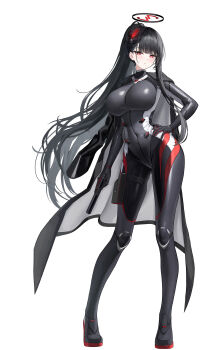 1girl absurdres black_bodysuit black_hair black_halo blue_archive blush bodysuit breasts commentary_request covered_navel full_body halo hand_on_own_hip highres holding holding_weapon large_breasts long_hair looking_at_viewer multicolored_halo official_alternate_costume parted_lips red_eyes red_halo rio_(blue_archive) rio_(bodysuit)_(blue_archive) sab_(sab2500) simple_background solo standing two-tone_halo very_long_hair weapon weapon_request white_background