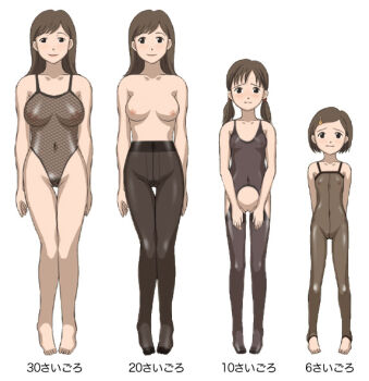 age_comparison age_difference artist_request barefoot black_eyes bodystocking breasts brown_hair chart feet fishnets flat_chest large_breasts lingerie loli medium_hair multiple_girls nipples pantyhose pussy short_hair small_breasts source_request thigh_gap thighhighs translated twintails underwear