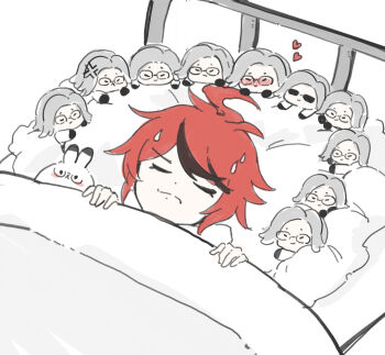 6+boys ahoge anger_vein animalization aotsuki_eito bed blush chibi chinese_commentary closed_eyes commentary_request frown full-face_blush glasses grey_hair head_on_pillow highres looking_at_another loving_aura male_focus multicolored_hair multiple_boys multiple_persona on_pillow pillow rabbit red_hair short_hair sleeping smile streaked_hair stuffed_toy sumino_takumi sunglasses sweat the_hundred_line_-last_defense_academy- trade-wind under_covers