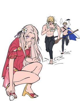 1girl 2boys :d abs alternate_costume bare_arms blonde_hair blue_capelet breasts capelet cleavage closed_mouth commentary_request couple dimelchuu dimitri_alexandre_blaiddyd dimitri_alexandre_blaiddyd_(summer) dimitri_alexandre_blaiddyd_(timeskip) dual_persona edelgard_von_hresvelg edelgard_von_hresvelg_(summer) fire_emblem fire_emblem:_three_houses fire_emblem_heroes flower flower_necklace hair_between_eyes hair_flower hair_ornament hair_ribbon happy highres holding holding_seashell jewelry korean_commentary light_smile looking_up medium_breasts messy_hair multicolored_hair multiple_boys muscular muscular_male necklace nintendo no_shirt official_alternate_costume open_mouth pants purple_eyes purple_ribbon ribbon running slippers smile squatting streaked_hair surprised swimsuit thighs toes white_background white_flower