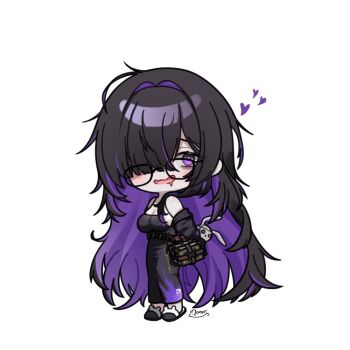 Rule 34 | 1girl, artist name, black dress, black hair, black jacket, blush, book, book strap, breasts, chibi, cleavage, colored inner hair, deformed, dress, full body, glass, goddess of victory: nikke, hair intakes, hair over one eye, hashtag-only commentary, heart, heart-shaped pupils, jacket, label (nikke), large breasts, long hair, long sleeves, looking at viewer, messy hair, momori sensei, multicolored dress, multicolored hair, off shoulder, parted bangs, purple dress, purple eyes, purple hair, rabbit slippers, saliva, simple background, sleeveless, sleeveless dress, slippers, solo, spaghetti strap, strap, stuffed animal, stuffed rabbit, stuffed toy, symbol-shaped pupils, very long hair, white background