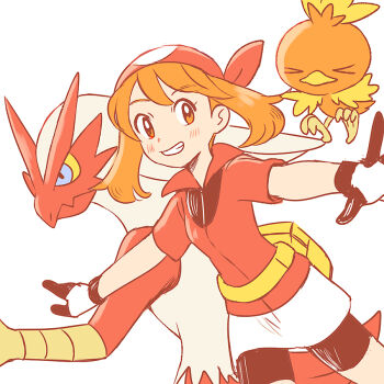 1girl bandana bike_shorts bike_shorts_under_shorts blaziken brown_eyes brown_hair closed_eyes fanny_pack gen_3_pokemon gloves looking_at_viewer may_(pokemon) medium_hair nintendo pokemon pokemon_(creature) pokemon_rse popcorn_91 red_bandana red_shirt shirt shorts shorts_under_shorts simple_background skirt smile teeth torchic white_background white_gloves white_skirt