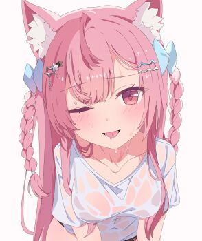 1girl animal_ears black_panties blue_bow blush bow braid breasts cat_ears cat_girl cat_hair_ornament collarbone covered_navel hair_bow hair_ornament hairclip highres indie_virtual_youtuber large_breasts leaning_forward long_hair looking_at_viewer no_pants one_eye_closed open_mouth panties pink_eyes pink_hair sanzen_(nana_3068) shirt short_sleeves simple_background smile solo star_(symbol) star_hair_ornament two_side_up underwear virtual_youtuber white_background white_shirt yuuki_sakuna