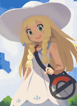 1girl :d bag blonde_hair cloud commentary day dress duffel_bag eyelashes green_eyes happy hat highres holding_strap lillie_(pokemon) long_hair looking_down niconiikura nintendo open_mouth outdoors poke_ball_print pokemon pokemon_sun_and_moon sky sleeveless sleeveless_dress smile solo sun_hat teeth upper_teeth_only white_dress white_hat