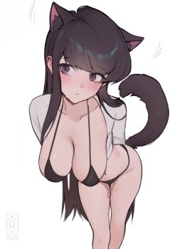 1girl absurdres animal_ears arms_behind_back bikini black_bikini black_eyes black_hair blush breasts cat_ears cat_tail cleavage closed_mouth commentary embarrassed hanging_breasts highres kemonomimi_mode komi-san_wa_komyushou_desu komi_shouko large_breasts leaning_forward long_hair looking_to_the_side quilm simple_background solo standing swimsuit tail very_long_hair white_background