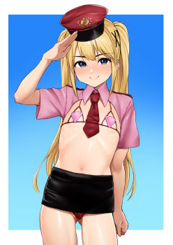 1girl blonde_hair blue_background blue_eyes border cowboy_shot dead_or_alive flat_chest gluteal_fold hadacra highres long_hair marie_rose micro_bra microskirt navel necktie outside_border panties pink_shrug red_necktie red_panties salute shrug_(clothing) skirt smile solo twintails underwear white_border