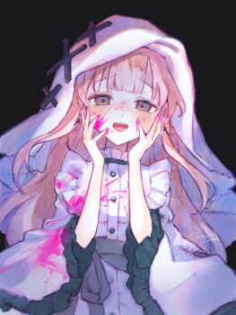 Rule 34 | 1girl, :d, black background, blonde hair, blood, blood on clothes, blood on face, blunt bangs, blush, center frills, commentary request, cross, cross earrings, dress, earrings, empty eyes, frilled dress, frilled sleeves, frills, hands on own cheeks, hands on own face, hands up, highres, hikami meruru, jewelry, kinoeda tamase, long hair, long sleeves, looking at viewer, magical girl, mahou shoujo no majo saiban, open mouth, pink blood, priestess, purple eyes, simple background, smile, solo, spoilers, upper body, veil, white dress, white veil, wide sleeves, yandere