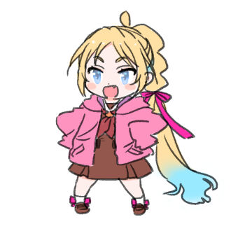 1girl :d absurdly_long_hair ahoge anyoji_hime blonde_hair blue_eyes blue_hair blush_stickers borrowed_clothes borrowed_hairstyle bow bow_legwear brown_dress commentary_request deformed dress fang full_body gradient_hair hair_ribbon hands_on_own_hips hasu_no_sora_school_uniform hood hooded_jacket jacket link!_like!_love_live! long_hair long_sleeves looking_at_viewer love_live! multi-tied_hair multicolored_hair neckerchief open_clothes open_jacket open_mouth osawa_rurino oversized_clothes oversized_jacket pink_bow pink_jacket pink_ribbon pleated_dress ponytail red_neckerchief ribbon sailor_collar sailor_dress school_uniform shinanoya_(satanicad) short_dress simple_background sleeves_past_fingers sleeves_past_wrists smile socks solo very_long_hair virtual_youtuber white_background white_sailor_collar white_socks winter_uniform